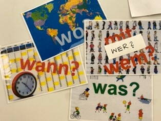 Wortschatzkarten und Fragekarten zu Subjekt, Objekt, Verb, Ort und Zeit. Aufnahmen Estecy Winkler
